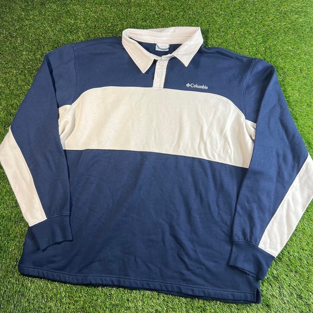 Columbia Rugby Shirt Mens XL Blue White Long Sleeve Polo Heavyweight Cotton Top